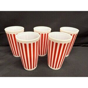 Vintage Hazel Atlas Platonite Milk Glass Tumblers Red White Candy Stripe Set 5